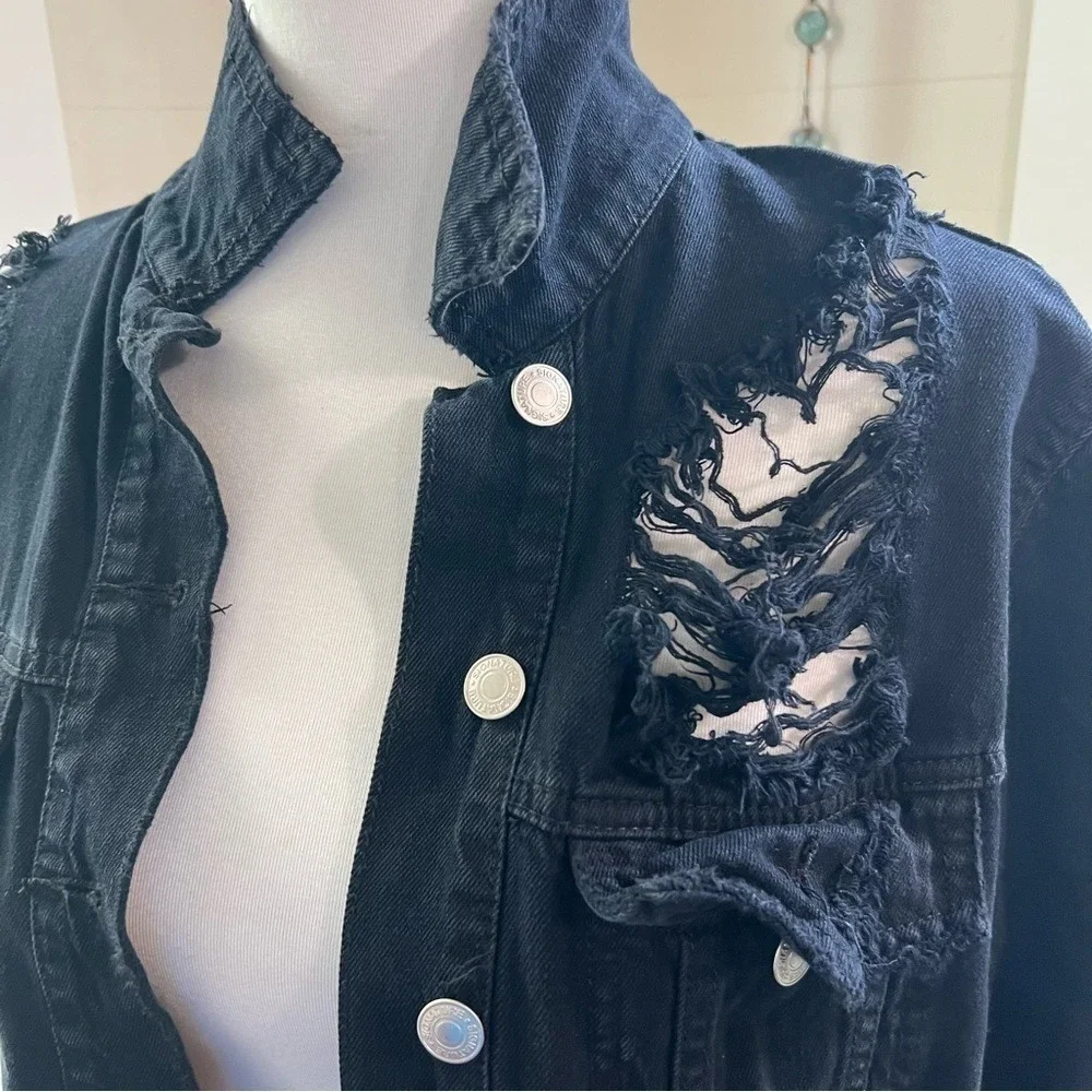 ASOS Thrashed Black Denim Trucker Jacket Destroyed Distressed Size Medium - Picture 10 of 14